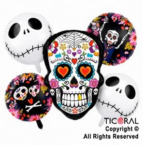 SET DE GLOBOS METALIZADO CALAVERA 5 UNIDADES